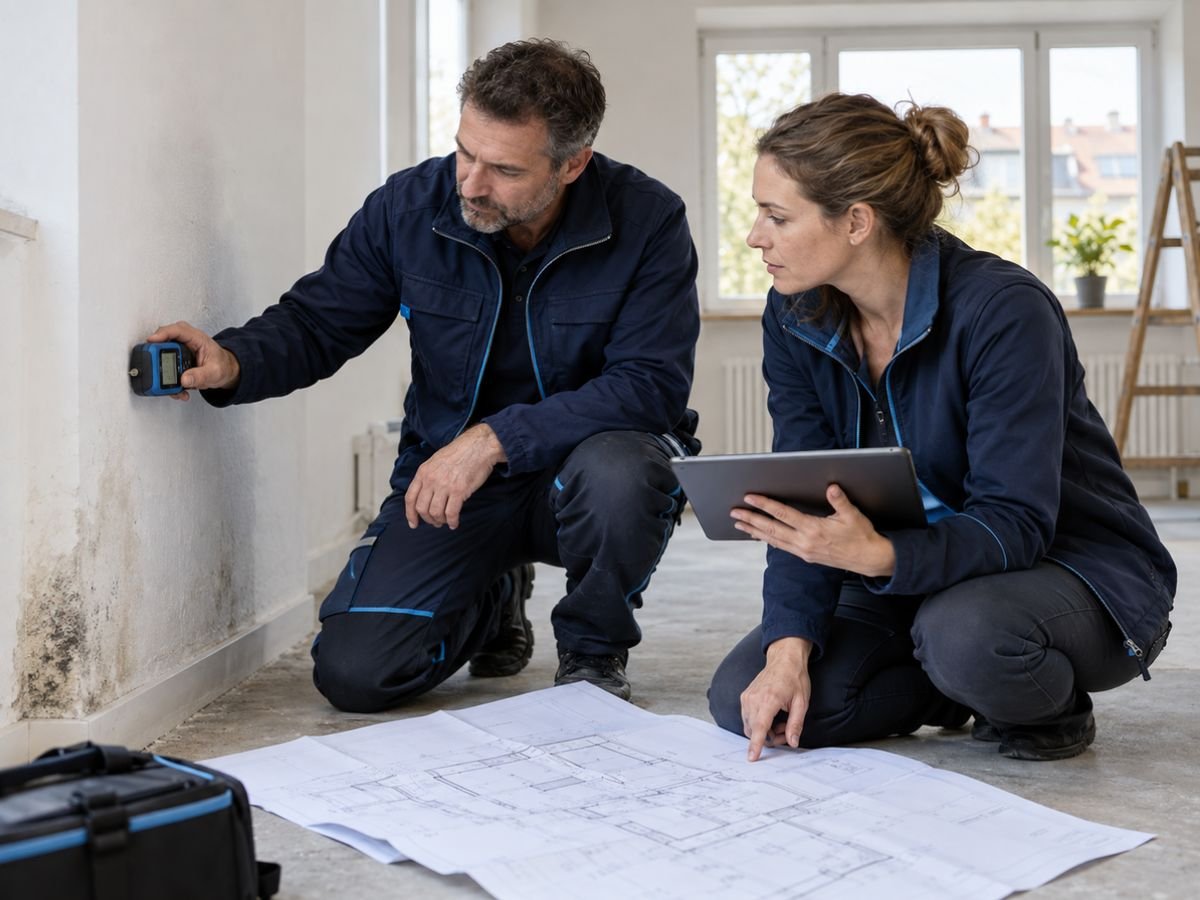 Zwei Sachverständige prüfen eine Feuchtestelle mit Messgerät, Tablet und Bauplan.